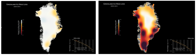 Hình 5: Sự giảm khối lượng băng ở Greenland 2004-2013